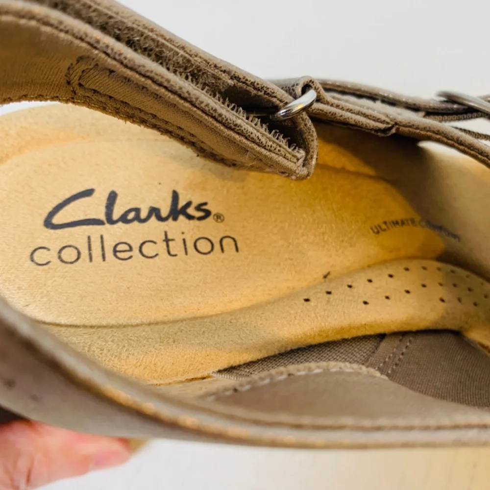 Clarks Collection Leather Wedges Nerisa Pace Size 10 Wide Metallic Silver Cork